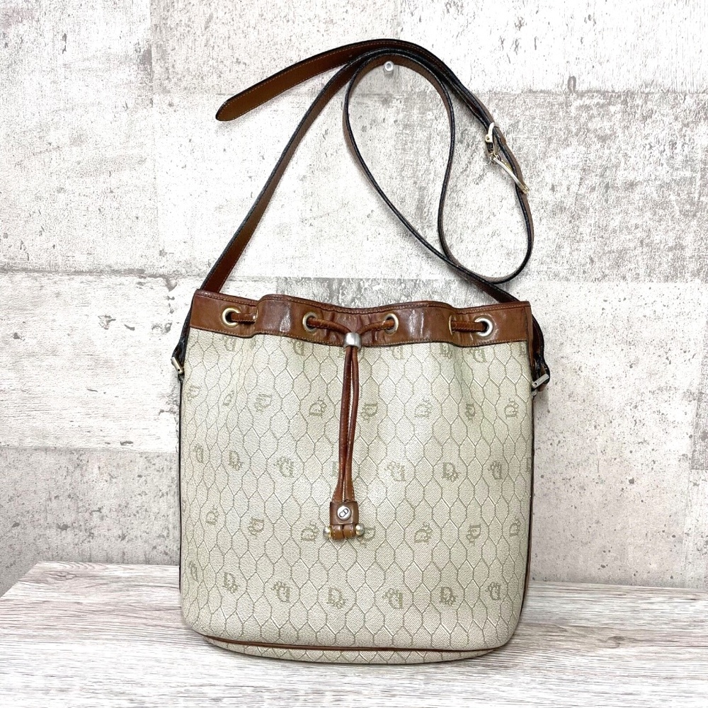 Auth Christian Dior Honeycomb Drawstring Bucket Bag PVC Leather Beige + Pouch